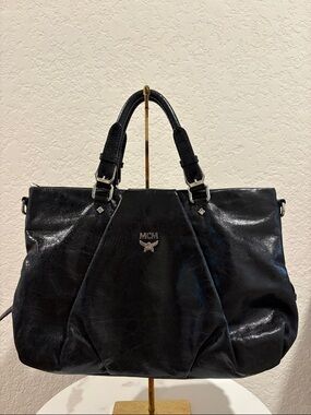 MCM Black Leather Satchel with Silver Hardware